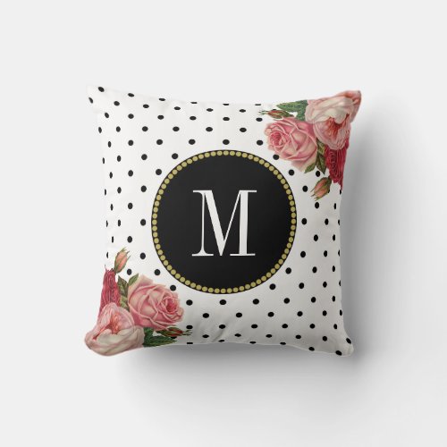 Girly Black White Dots Vintage Floral Monogram Throw Pillow