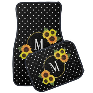 Girly Black White Dots Vintage Flowers Monogram Car Floor Mat