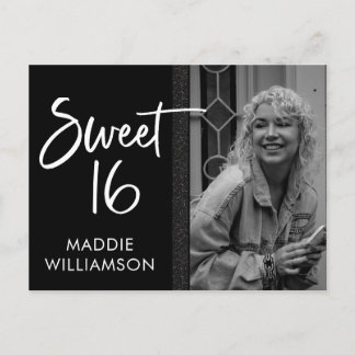 Girly Black & White Glitter Sweet 16 Birthday Invitation Postcard