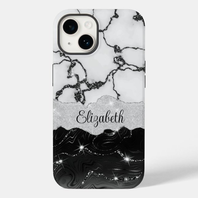 Girly Black White Marble Faux Glitter Monogram Case-Mate iPhone Case (Back)