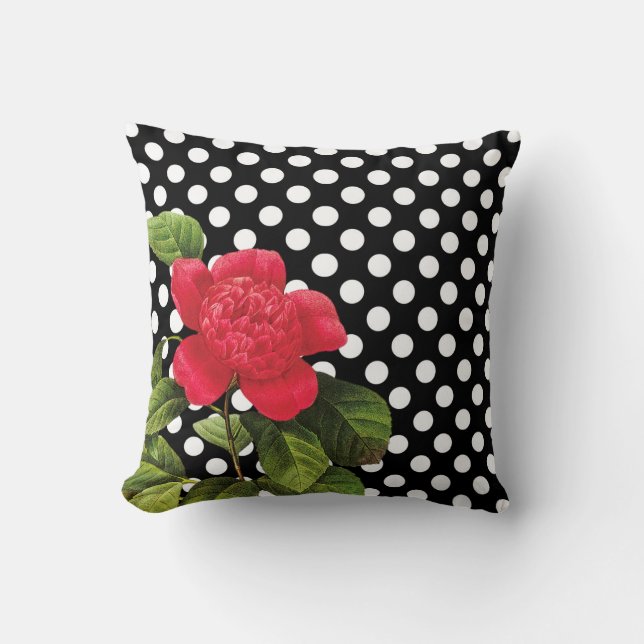 Girly Black White Polka Dots Red Camellia Flower Throw Pillow (Front)