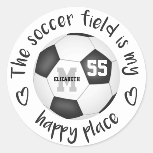 girly black white soccer field is my happy place classic round sticker