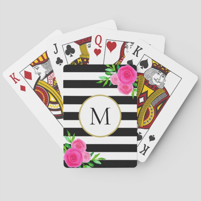 Girly Black White Striped Pink Floral Monogram Poker Cards (Back)