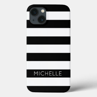 Girly Black White Stripes Custom Name Monogram iPhone 13 Case