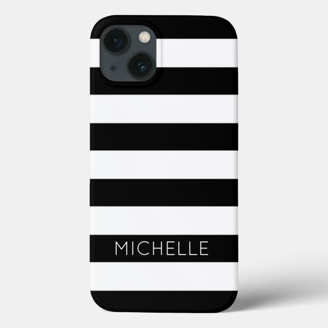 Girly Black White Stripes Custom Name Monogram Case-Mate iPhone Case (Back)