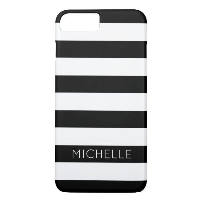 Girly Black White Stripes Custom Name Monogram Case-Mate iPhone Case (Back)