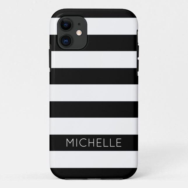 Girly Black White Stripes Custom Name Monogram Case-Mate iPhone Case (Back)