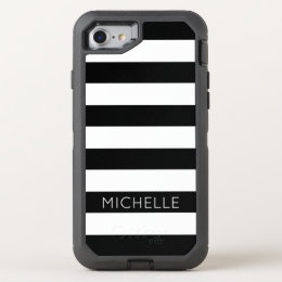 Girly Black White Stripes Custom Name Monogram OtterBox Defender iPhone 8/7 Case