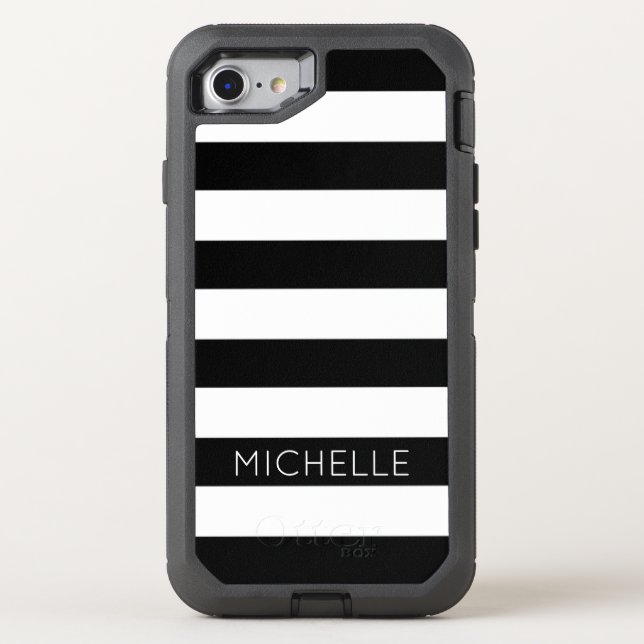 Girly Black White Stripes Custom Name Monogram Otterbox iPhone Case (Back)