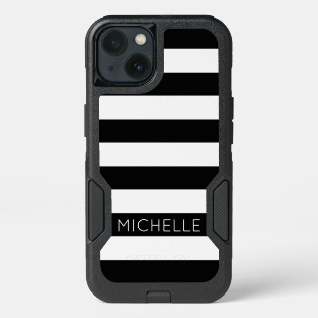 Girly Black White Stripes Custom Name Monogram Otterbox iPhone Case (Back)