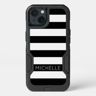 Girly Black White Stripes Custom Name Monogram iPhone 13 Case