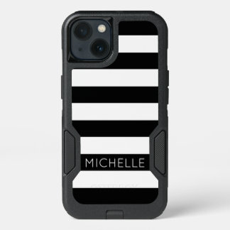 Girly Black White Stripes Custom Name Monogram iPhone 13 Case