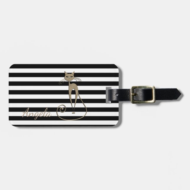 Girly, Black, White Stripes,Glittery Cat Luggage Tag (Front Horizontal)