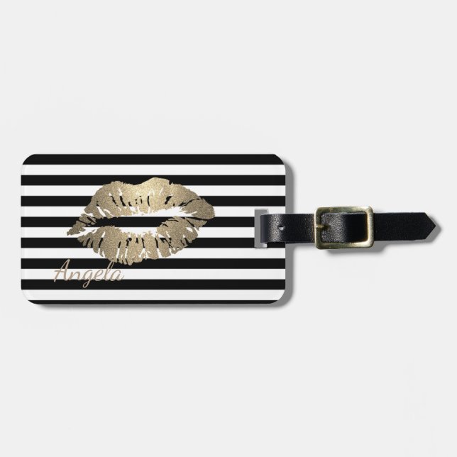 Girly, Black, White Stripes,Glittery Lips Luggage Tag (Front Horizontal)