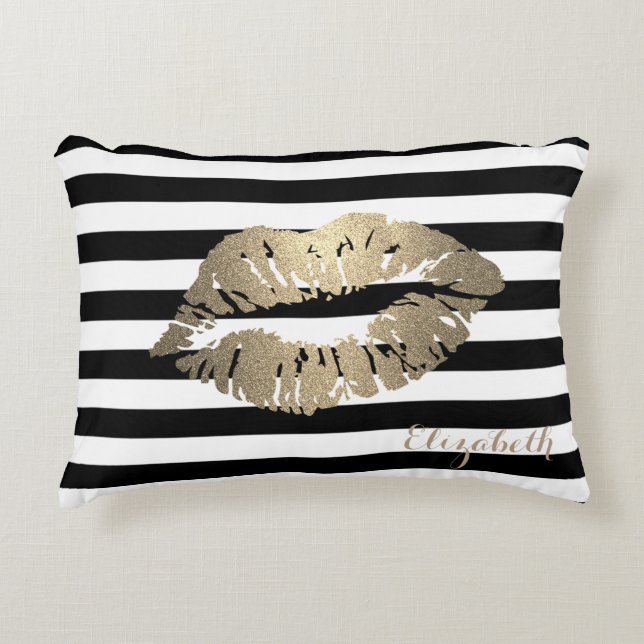 Girly Black White  Stripes ,Lips-Personalized Decorative Pillow (Front)