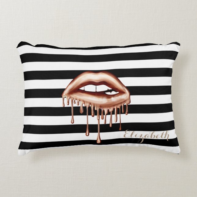 Girly Black White Stripes  Metallic Dripping Lips Accent Pillow (Front)