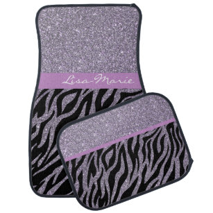 Girly Bling Purple Zebra Print Glitter Custom Name Car Floor Mat