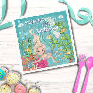 Girly Blonde Mermaid Under the Sea Birthday Napkins