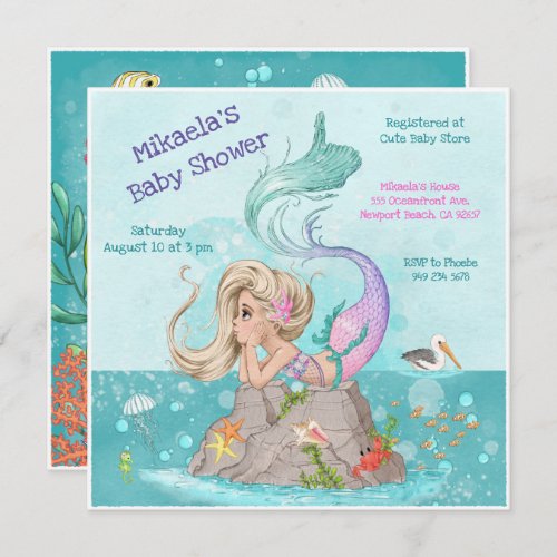 Girly Blonde Pink Turquoise Mermaid Baby Shower Invitation