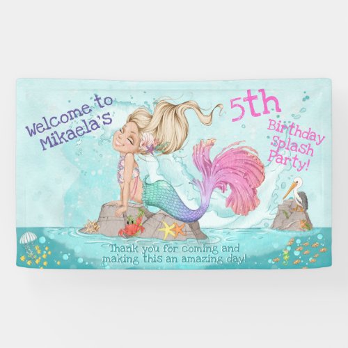 Girly Blonde Turquoise  Pink Mermaid Birthday Banner