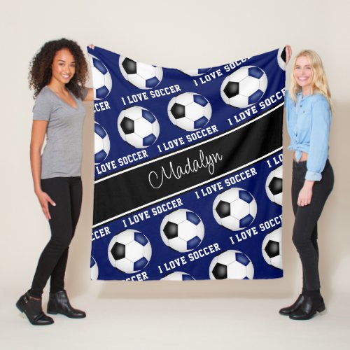 girly blue black I love soccer text pattern Fleece Blanket