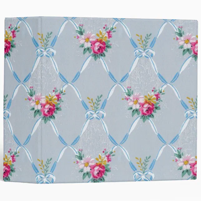 Girly Blue Bows Pretty Pink Rose Floral Pattern 3 Ring Binder | Zazzle