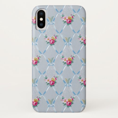 Girly Blue Bows Pretty Pink Rose Floral Pattern iPhone X Case