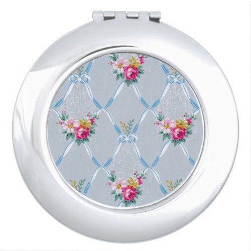 Girly Blue Bows Pretty Pink Rose Floral Pattern Compact Mirror