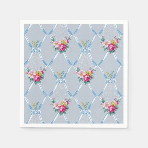 Girly Blue Bows Pretty Pink Rose Floral Pattern Paper Napkins