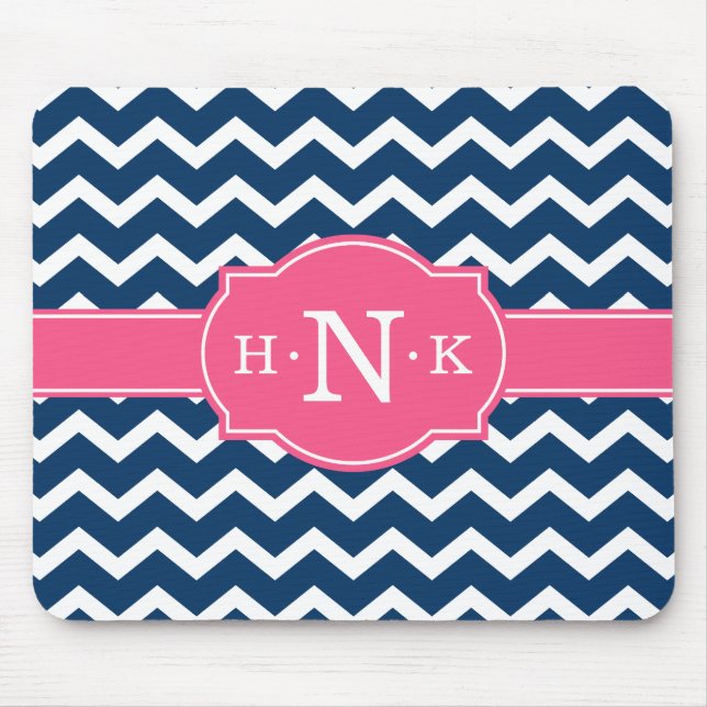 Girly Blue Chevron Pink Monogram Mouse Pad (Front)
