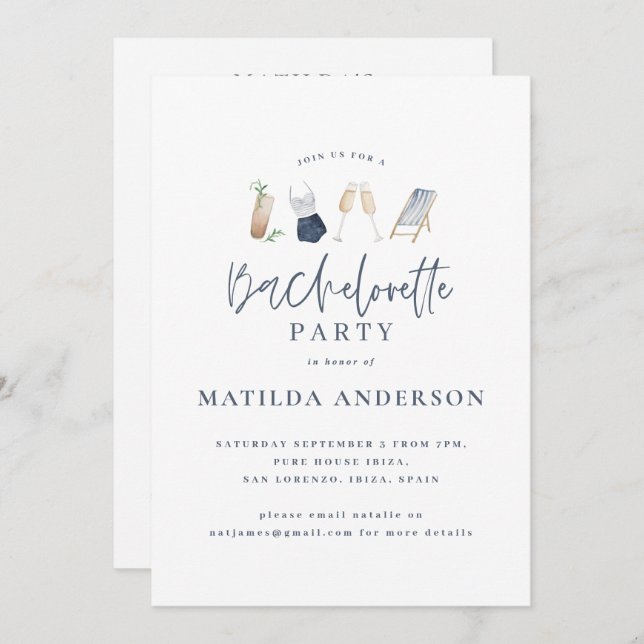 Girly blue drinks bachelorette weekend itinerary announcement (Front/Back)