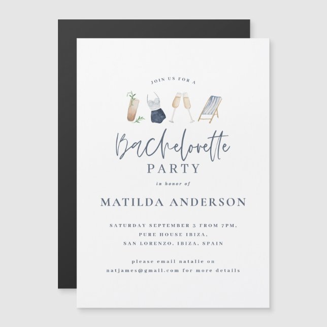 Girly blue drinks bachelorette weekend itinerary magnetic invitation (Front/Back)