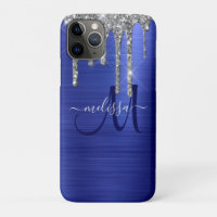 Girly Blue Dripping Glitter Brush Metal Monogram