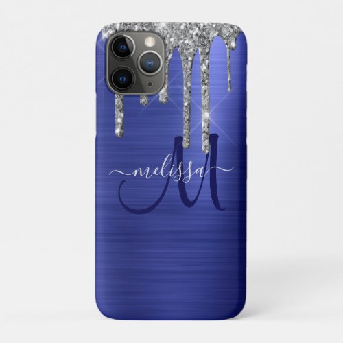 Girly Blue Dripping Glitter Brush Metal Monogram iPhone 11 Pro Case