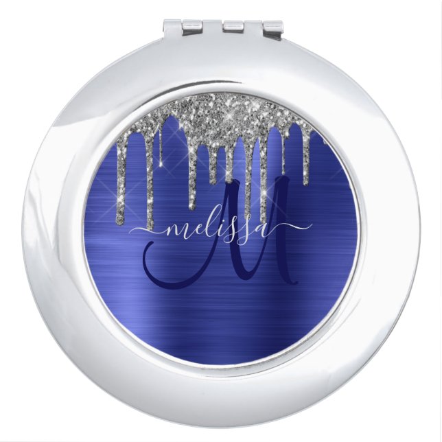 Girly Blue Dripping Glitter Brush Metal Monogram Compact Mirror (Front)