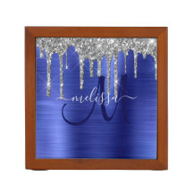 Girly Blue Dripping Glitter Brush Metal Monogram