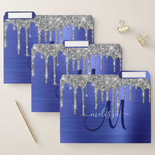 Girly Blue Dripping Glitter Brush Metal Monogram File Folder