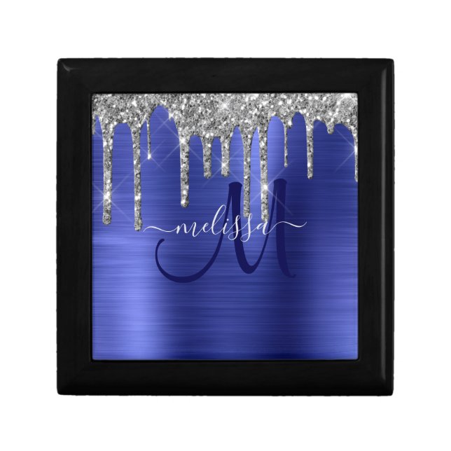 Girly Blue Dripping Glitter Brush Metal Monogram Gift Box (Front)