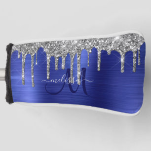 Girly Blue Dripping Glitter Brush Metal Monogram Golf Head Cover