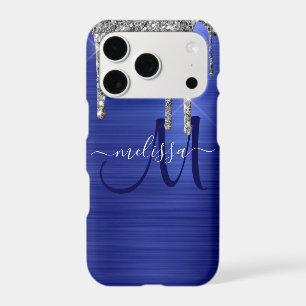 Girly Blue Dripping Glitter Brush Metal Monogram iPhone 17 Pro Case