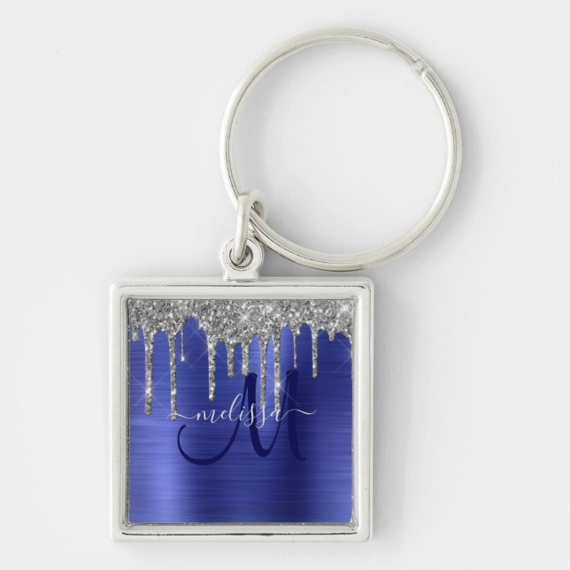 Girly Blue Dripping Glitter Brush Metal Monogram Keychain (Front)