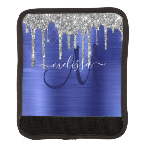 Girly Blue Dripping Glitter Brush Metal Monogram Luggage Handle Wrap