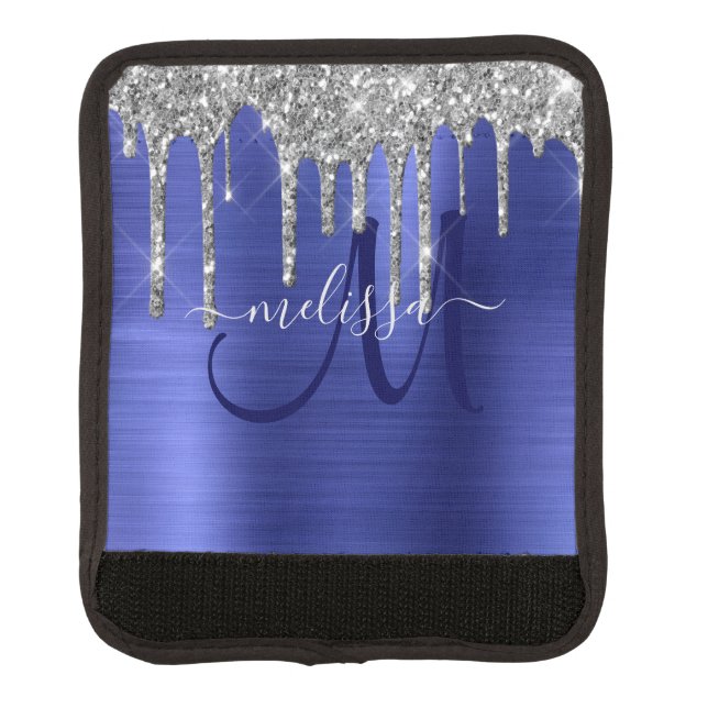 Girly Blue Dripping Glitter Brush Metal Monogram Luggage Handle Wrap (Front)