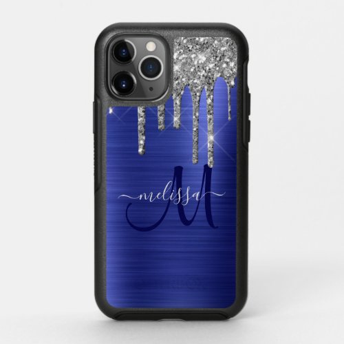 Girly Blue Dripping Glitter Brush Metal Monogram OtterBox Symmetry iPhone 11 Pro Case