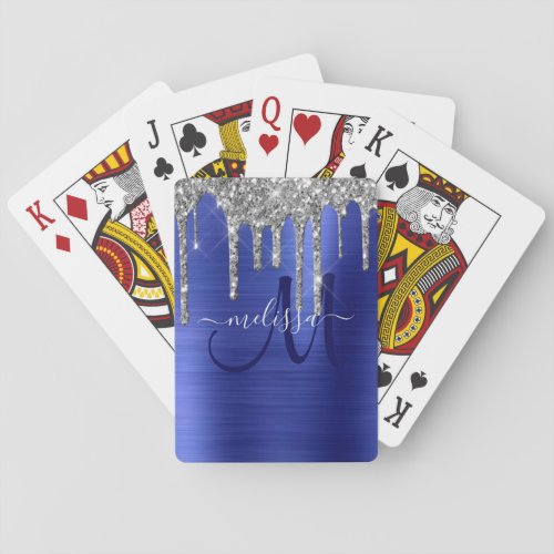 Girly Blue Dripping Glitter Brush Metal Monogram Poker Cards