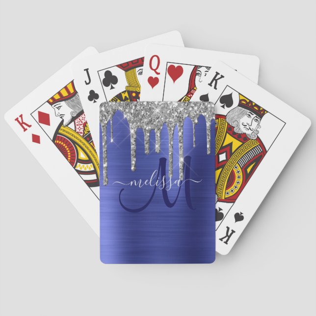 Girly Blue Dripping Glitter Brush Metal Monogram Poker Cards (Back)