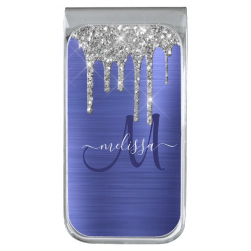 Girly Blue Dripping Glitter Brush Metal Monogram Silver Finish Money Clip