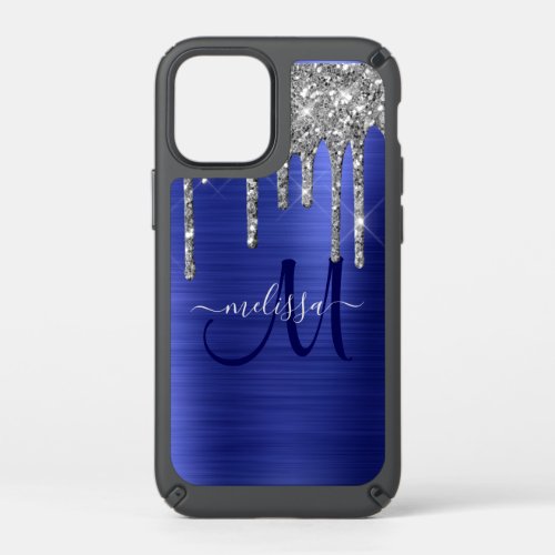 Girly Blue Dripping Glitter Brush Metal Monogram Speck iPhone 12 Mini Case