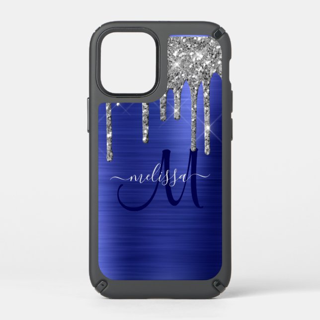 Girly Blue Dripping Glitter Brush Metal Monogram Speck iPhone 12 Mini Case (Front)