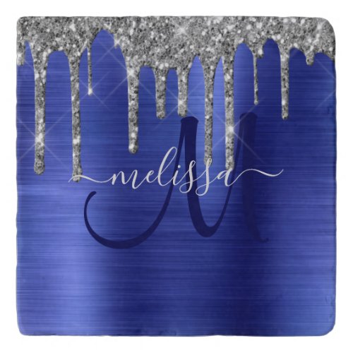 Girly Blue Dripping Glitter Brush Metal Monogram Trivet